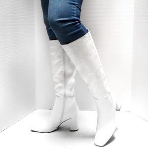 New White Square Toe Knee High Heel Boots